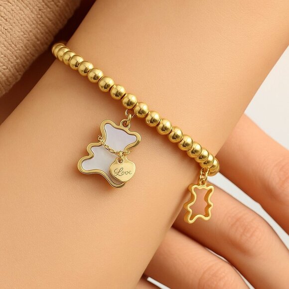 🆕️18K Gold Plated Bear Charm Stretch Bracelet Beaded Stainless Steel Stackable - Picture 3 of 10